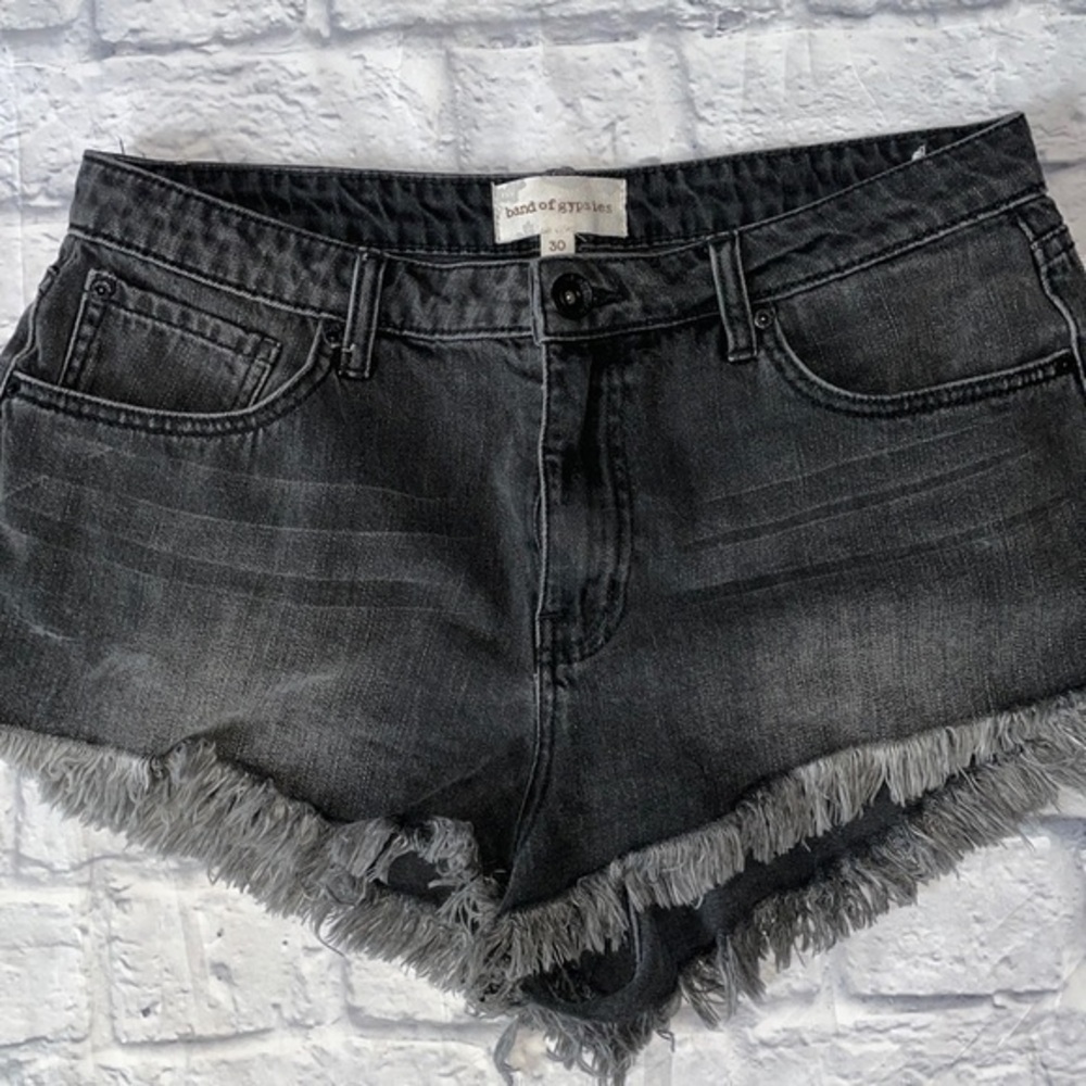 Band of Gypsies Boho Distressed Frayed Black Denim Jean High Rise Mini Shorts
